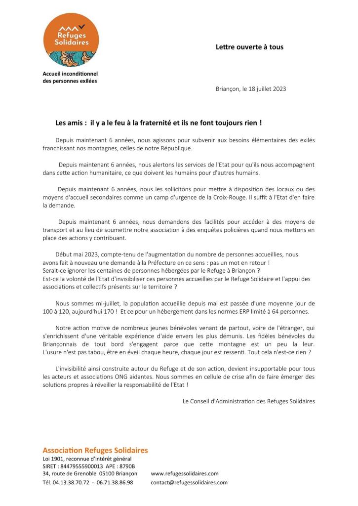 Association Refuges Solidaires Lettre ouverte à tous